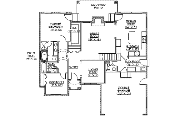 Floor Plan - Main Floor for Ranch House Plan #5-114 - 2 bed, 2.5 bath