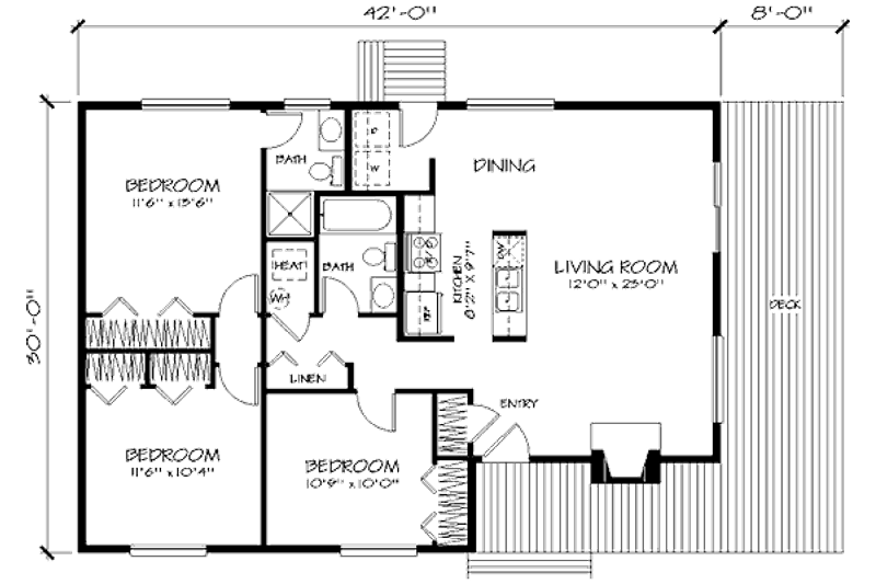 House Blueprint - Floor Plan - Main Floor for Cabin House Plan #320-407 - 3 bed, 2 bath