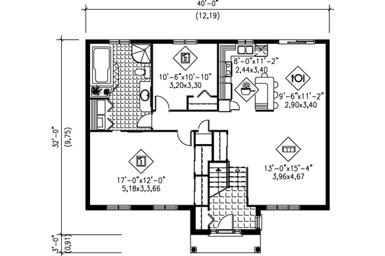 Floor Plan - Main Floor for Contemporary House Plan #25-1035 - 2 bed, 1 bath