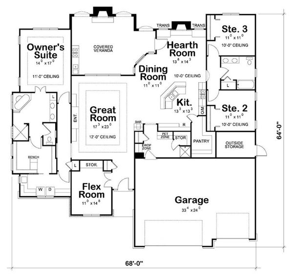 Craftsman Style House Plan 3 Beds 2 Baths 2500 Sq/Ft