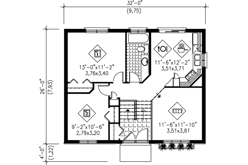 Architectural House Design - Floor Plan - Main Floor for Traditional House Plan #25-1145 - 2 bed, 1 bath