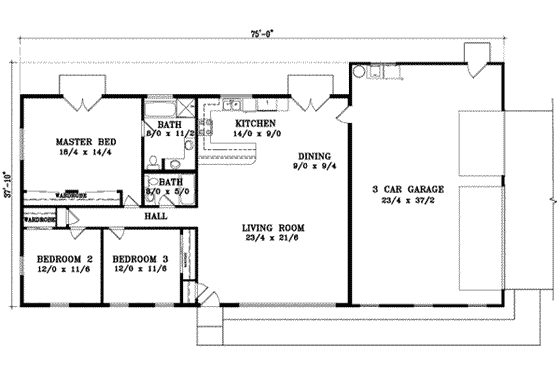 Floor Plan - Main Floor for Adobe / Southwestern House Plan #1-600 - 3 bed, 2 bath
