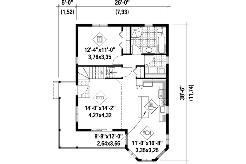 Home Plan - Floor Plan - Main Floor for Cabin House Plan #25-4386 - 4 bed, 1 bath