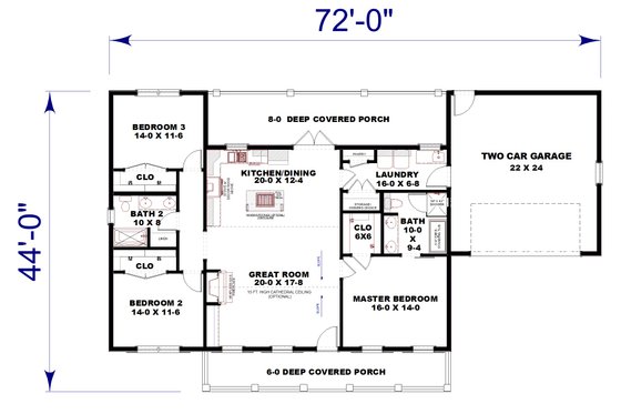 Floor Plan - Main Floor for Farmhouse House Plan #44-279 - 3 bed, 2 bath