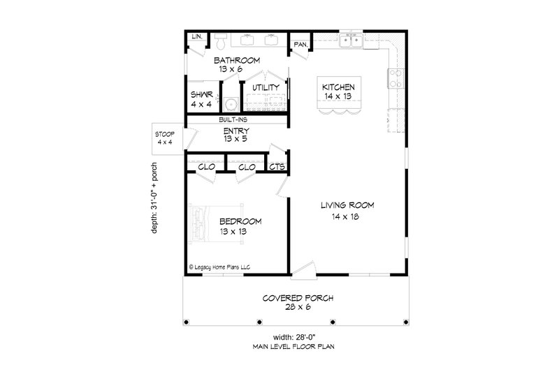 House Blueprint - Floor Plan - Main Floor for Cottage House Plan #932-916 - 1 bed, 1 bath