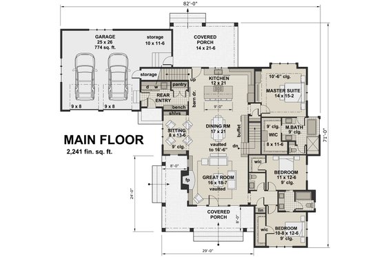Floor Plan - Main Floor for Farmhouse House Plan #51-1131 - 3 bed, 2.5 bath