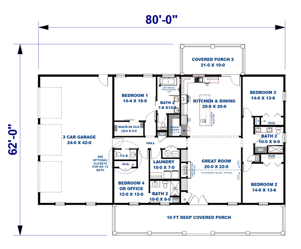 Dream House Plan - Floor Plan - Main Floor for Farmhouse House Plan #44-319 - 4 bed, 3.5 bath