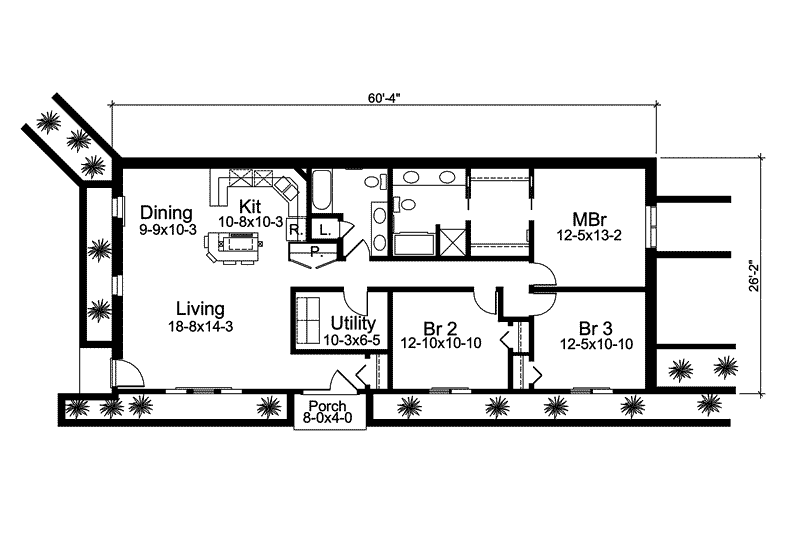 House Design - Floor Plan - Main Floor for Ranch House Plan #57-259 - 3 bed, 2 bath
