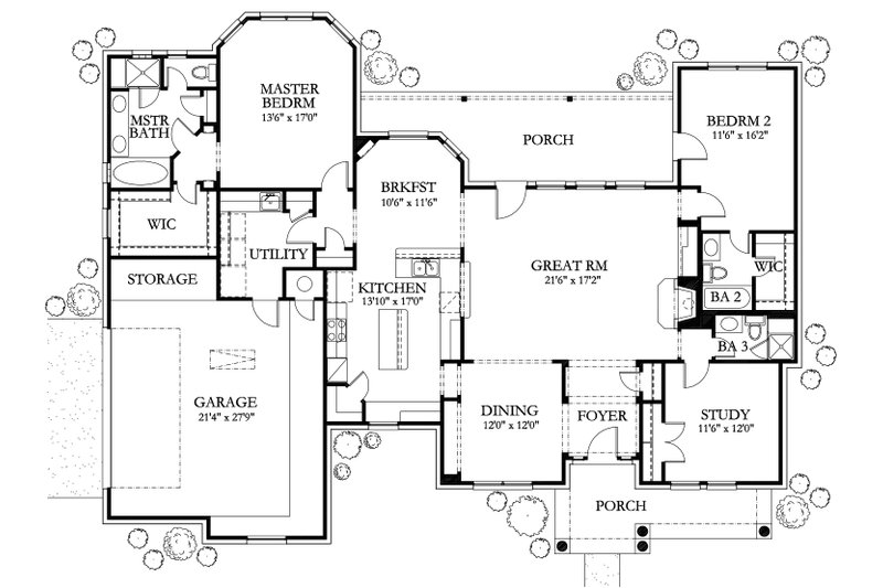 House Blueprint - Floor Plan - Main Floor for Country House Plan #80-144 - 3 bed, 3 bath