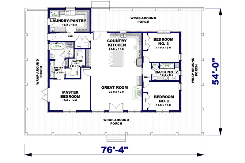 House Blueprint - Floor Plan - Main Floor for Country House Plan #44-266 - 3 bed, 2 bath