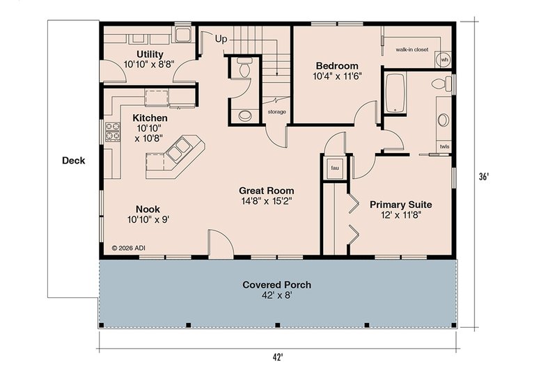 House Blueprint - Floor Plan - Main Floor for Farmhouse House Plan #124-1466 - 2 bed, 1 bath