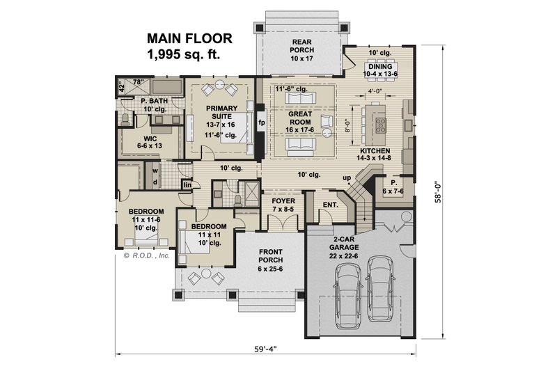 House Blueprint - Floor Plan - Main Floor for Farmhouse House Plan #51-1228 - 3 bed, 2 bath
