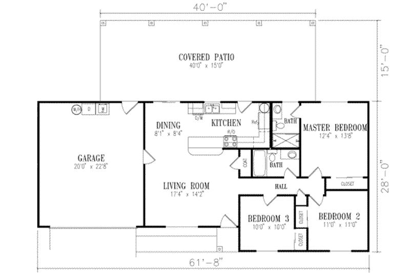 House Blueprint - Floor Plan - Main Floor for Ranch House Plan #1-167 - 3 bed, 2 bath