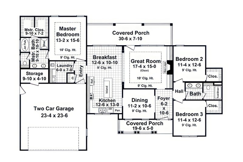 House Blueprint - Floor Plan - Main Floor for Ranch House Plan #21-650 - 3 bed, 2 bath