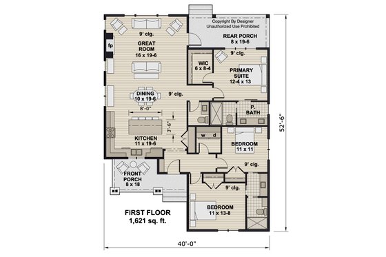 Floor Plan - Main Floor for Bungalow House Plan #51-1387 - 3 bed, 2.5 bath