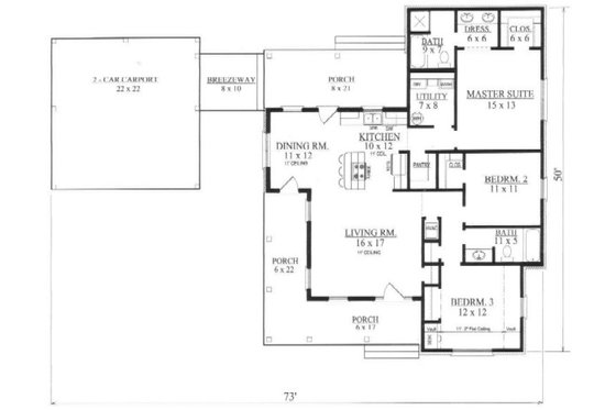 Floor Plan - Main Floor for Southern House Plan #14-251 - 3 bed, 2 bath