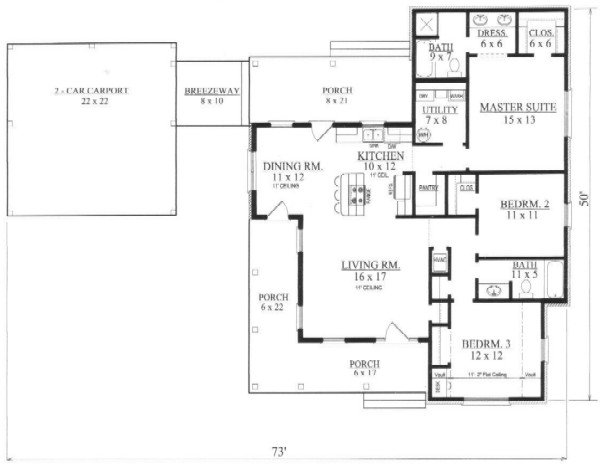 Southern Style House Plan - 3 Beds 2 Baths 1443 Sq/Ft Plan #14-251 ...