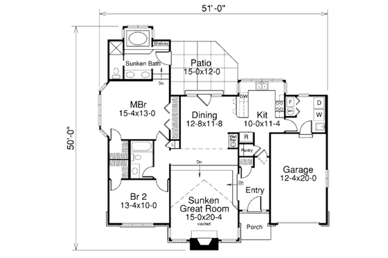 Floor Plan - Main Floor for Modern House Plan #57-348 - 2 bed, 2 bath