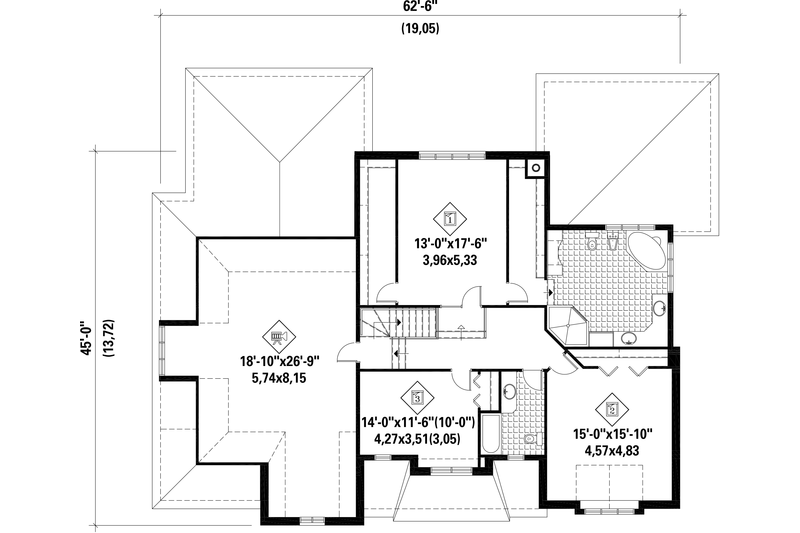House Blueprint - Floor Plan - Upper Floor for European House Plan #25-4782 - 3 bed, 2 bath