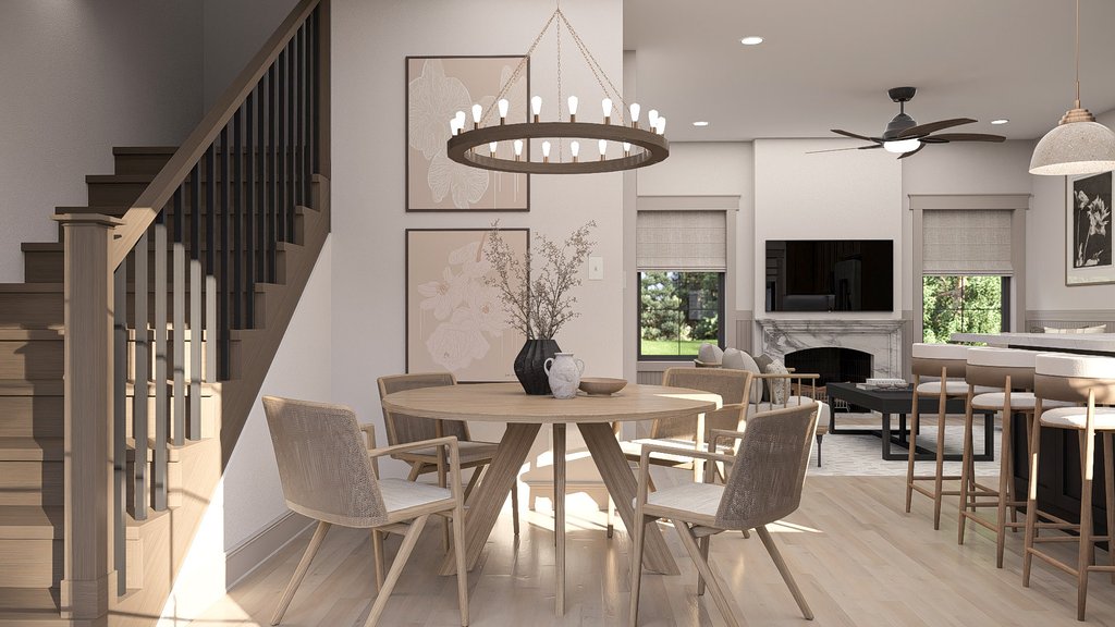 Small dining room that's open to the kitchen and a staircase