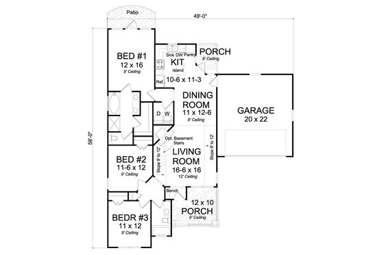 Floor Plan - Main Floor House Plan #513-2073 - 3 bed, 2 bath
