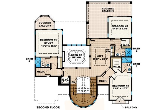 Floor Plan - Upper Floor for Mediterranean House Plan #27-433 - 4 bed, 5.5 bath