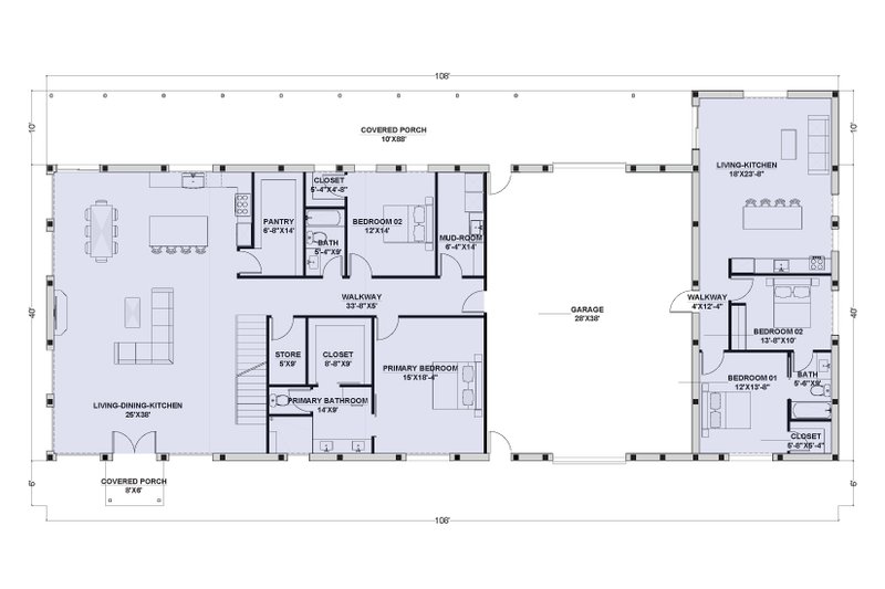 House Design - Floor Plan - Main Floor for Barndominium House Plan #1107-28 - 5 bed, 4 bath