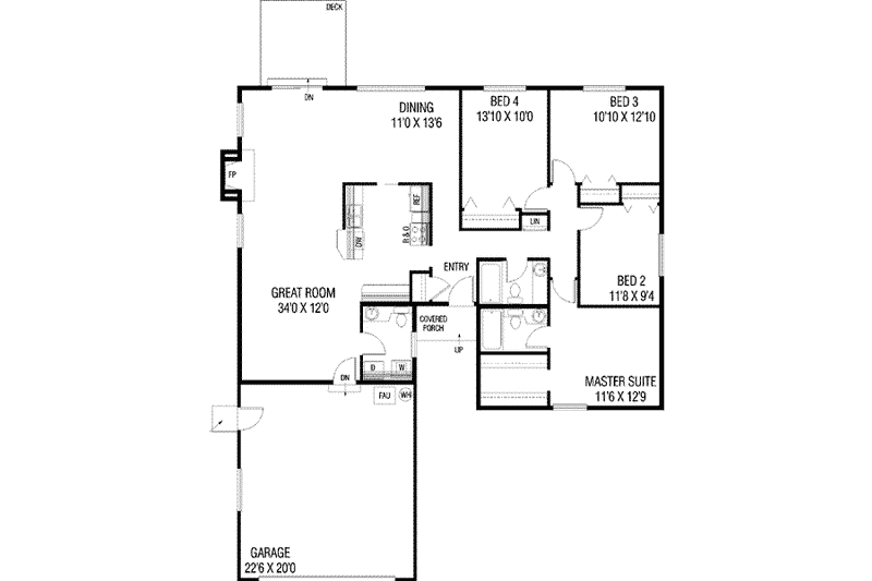 House Plan Design - Floor Plan - Main Floor for Ranch House Plan #60-346 - 4 bed, 2.5 bath