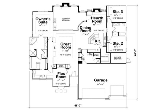 Floor Plan - Main Floor for European House Plan #20-2198 - 3 bed, 2 bath