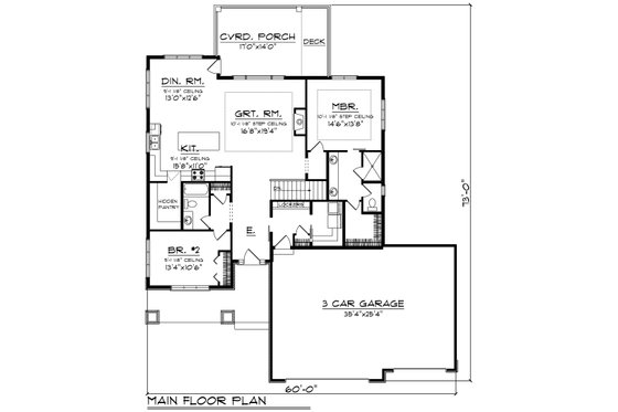 Floor Plan - Main Floor for Ranch House Plan #70-1484 - 2 bed, 2 bath