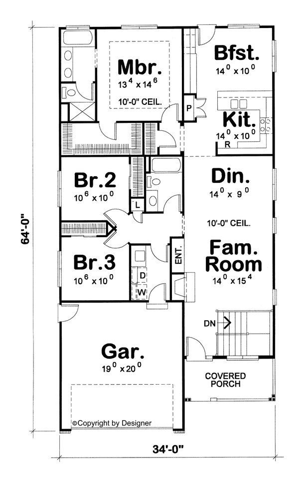 Floor Plan - Main Floor for Bungalow House Plan #20-1743 - 3 bed, 2 bath