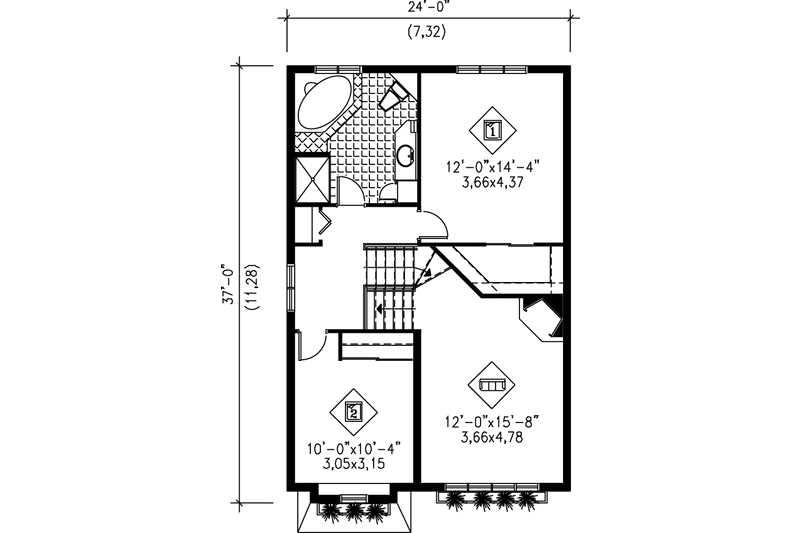 House Blueprint - Floor Plan - Upper Floor for European House Plan #25-230 - 2 bed, 1.5 bath