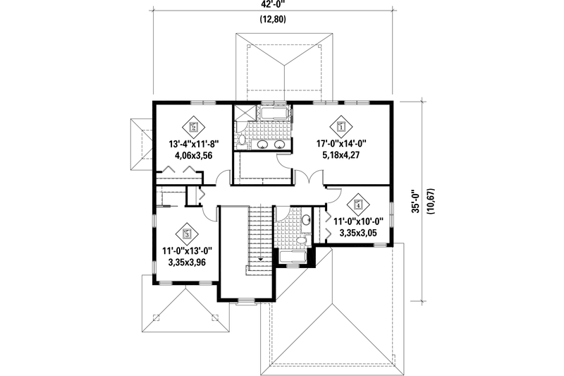 House Blueprint - Floor Plan - Upper Floor for Contemporary House Plan #25-4343 - 4 bed, 2 bath