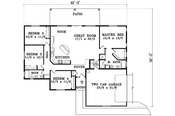 Floor Plan - Main Floor for Adobe / Southwestern House Plan #1-1369 - 4 bed, 2 bath
