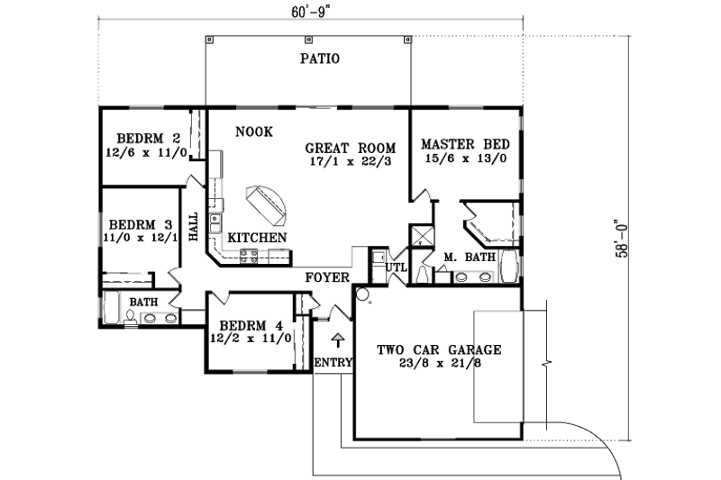 Home Plan - Floor Plan - Main Floor for Adobe / Southwestern House Plan #1-1369 - 4 bed, 2 bath