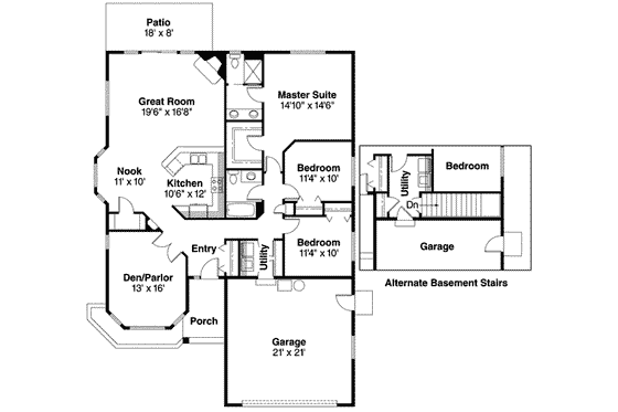 Floor Plan - Main Floor for Ranch House Plan #124-448 - 3 bed, 2 bath
