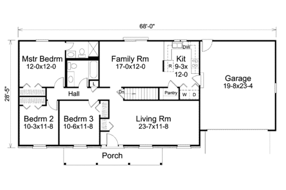 Floor Plan - Main Floor for Ranch House Plan #57-466 - 3 bed, 2 bath