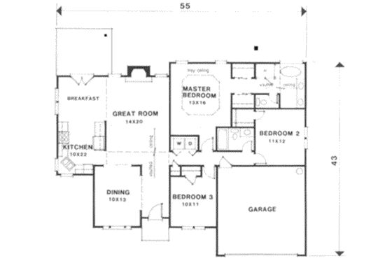 Floor Plan - Main Floor for Traditional House Plan #129-152 - 3 bed, 2 bath