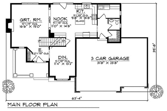 Country style house plan, main level floor plan