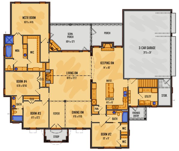 House Plan Design - Floor Plan - Main Floor for European House Plan #1081-47 - 4 bed, 3 bath
