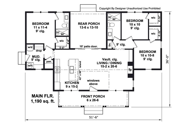 House Blueprint - Floor Plan - Main Floor for Bungalow House Plan #51-1444 - 3 bed, 2 bath
