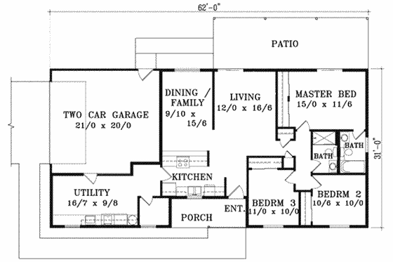 Floor Plan - Main Floor for Adobe / Southwestern House Plan #1-1250 - 3 bed, 2 bath