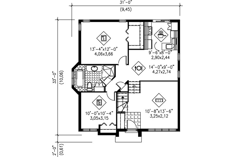 Home Plan - Floor Plan - Main Floor for Traditional House Plan #25-188 - 2 bed, 1 bath