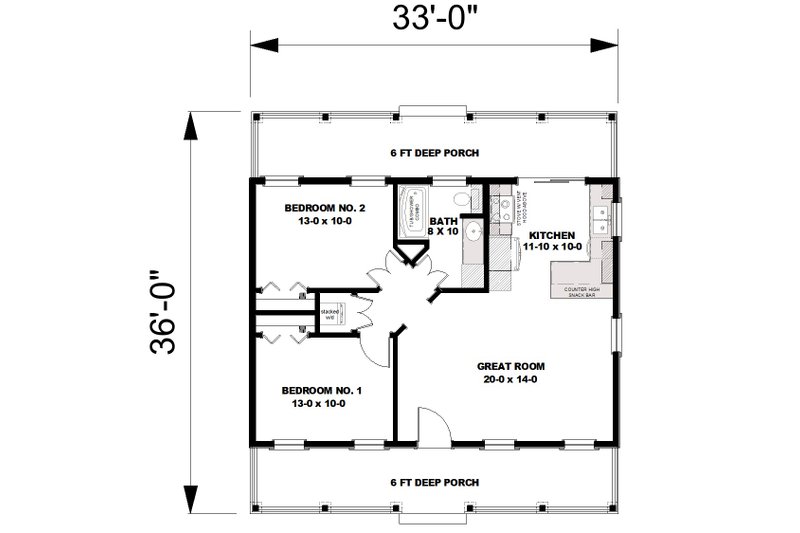 Architectural House Design - Floor Plan - Main Floor for Cottage House Plan #44-268 - 2 bed, 1 bath