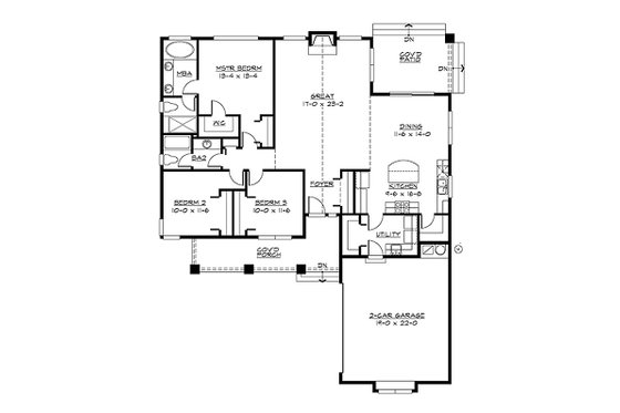 Floor Plan - Main Floor for Craftsman House Plan #132-198 - 3 bed, 2 bath