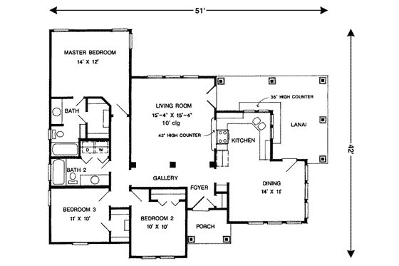 Floor Plan - Main Floor for Craftsman House Plan #410-161 - 3 bed, 2 bath
