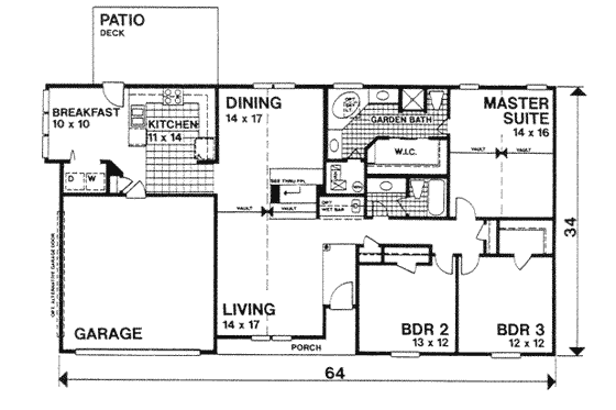 Floor Plan - Main Floor for Ranch House Plan #30-157 - 3 bed, 2 bath