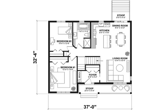 Floor Plan - Main Floor for Ranch House Plan #23-2662 - 2 bed, 1 bath