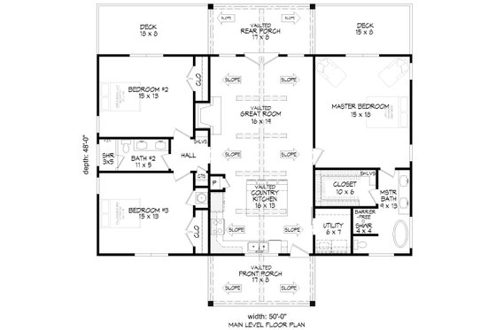 Floor Plan - Main Floor for Ranch House Plan #932-1318 - 3 bed, 2 bath