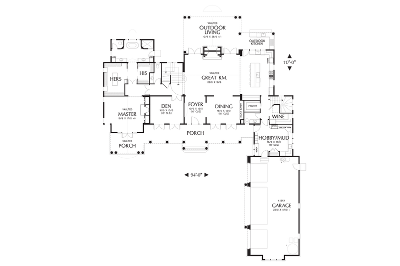 House Plan Design - Colonial style house plan, main level floor plan